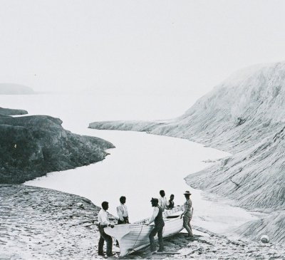 George Wilson, Rescue party at Lake Tarawera with whale boat after Tarawera eruption. Collection of Rotorua Museum Te Whare Taonga o Te Arawa