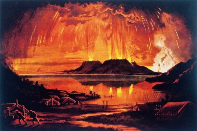 Charles Blomfield. Mt Tarawera in Eruption June 10 1886. Chromolithograph of oil painting printed by A. D. Willis, Wanganui in 1886. Rotorua Museum Te Whare Taonga o Te Arawa.