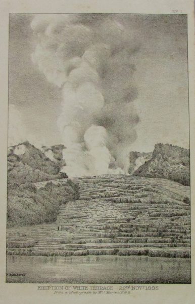 Eruption of White Terrace, John Hugh Boscowan (1851-1937), 22 November 1885, Rotorua Museum Te Whare Taonga o Te Arawa (A-79)