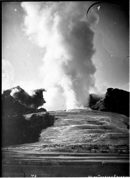 White terrace in eruption, 22 November 1885, Josiah Martin (1843-1916), Rotorua Museum Te Whare Taonga o Te Arawa (2007.73.100) Original held at Alexander Turnbull Library.